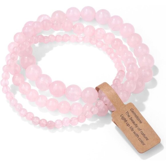 3 PCS 4,6,8mm rose quart Healing Natural Stone Beaded Stretch Bracelet for Women - Picture 1 of 6